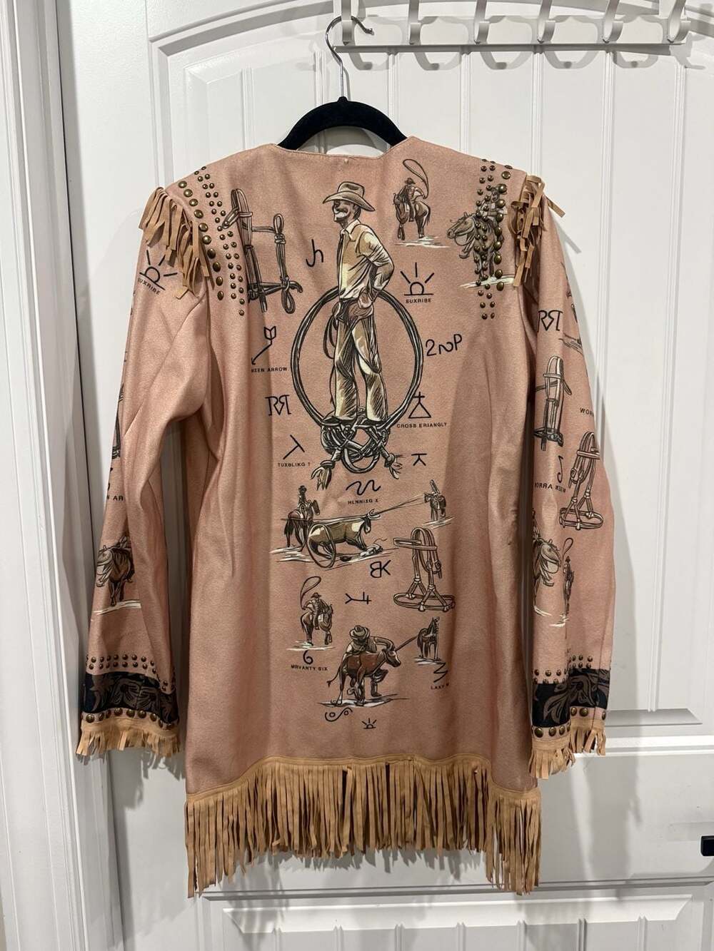Western Fringe Studded Cowboy Ranch Print Jacket Coat Tan Boho Y2K - Picture 3 of 7